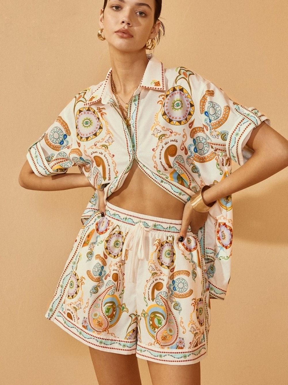 Commense White Paisley Tie-Front Crop Button-Down Shirt